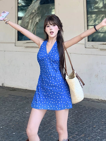 MQTIME  -  Pure Cotton Lace Floral Dress Women Summer Beach Blue V Neck Sexy Mini Dress Sleeveless Halter Casual Vacation Fashion Dress